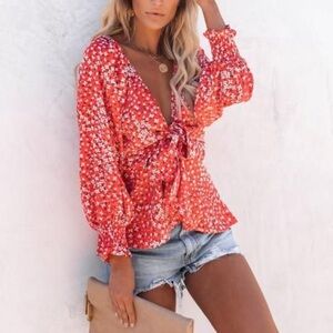 Red Vici Floral Tie Blouse